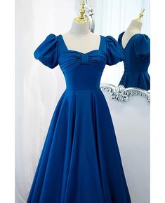 Noble and elegant blue satin retro square neck short sleeved ball dress with blue backless strap and floor length evening dress Square Neck Evening Dress For Prom Banquet, Square Neck Evening Dress For Prom Season Banquet, Square Neck Evening Dress For Banquet And Prom Season, Blue Square Neck Prom Dress, Royal Blue Satin Prom Dress, Blue Long Prom Dresses, Floor Length Evening Dress, Shiny Dresses, Evening Dress Floor Length