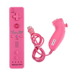 a pink nintendo wii game controller and nunchuck