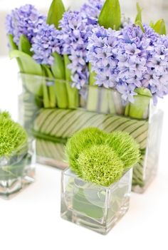 purple and green flowers in glass vases with grass on the top, sitting on a white table