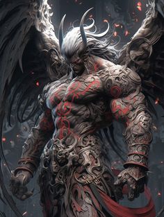 an image of a demon with wings on his chest and head, standing in front of a dark background