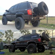 there are two pictures of a truck with large tires on the same vehicle as it is parked