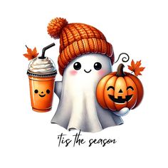 a cartoon ghost holding a cup of coffee and wearing a knitted hat with two pumpkins