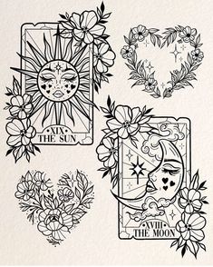 the sun and flowers are drawn in black ink