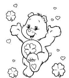 a black and white drawing of a teddy bear holding a heart with four leaf clovers