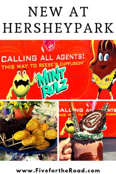 there are pictures of different things in this postcard with the words, new at hersheypark