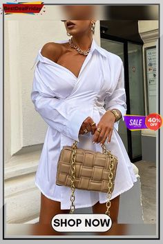 Long Sleeve Ruched Casual Shirt Dress P6350364579 Chic Shirts, White Long Sleeve Dress, Solid Color Shirt, Mid Length Skirts, Rock Design, Long Shirt Dress, White Party, White Shirt Dress, Dress Silhouette