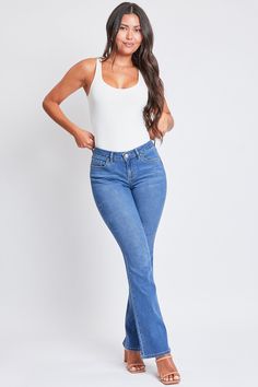 Give your old jeans the boot and scoot into our Women’s Mid-Rise Bootcut Jeans. Constructed with midweight stretchy denim, this stylish mid-waisted jean is fitted from the hip through the thigh and flares out slightly from knee to hem for a dreamy bootcut silhouette. Detailed with a classic five-pocket construction, a zip fly with button closure, and the cutest flap back pockets with snap buttons. Style with your favorite fitted top and sassiest boots for a look that’ll make a statement. Product Mid Rise Bootcut Jeans, Mid Waist Jeans, Ymi Jeans, Blue C, Midnight Sky, Old Jeans, Fitted Top, Medium Blue, Bootcut Jeans