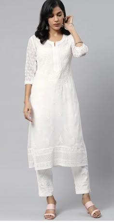 White Chinkari Kurti, White Chudidar Dress, White Kurta Neck Designs Women, White Kurtis For Women, Plain White Kurti Designs Cotton, Plain White Kurta Designs Women, Chudidhar Pant Models For Stitching, White Kurti Neck Designs, White Lace Kurti Designs