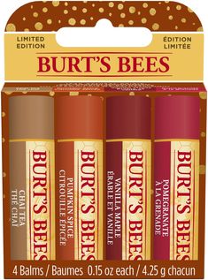 Burt’s Bees Lip Balm Gift Set, Chai Tea, Pumpkin Spice, Vanilla Maple, Pomegranate, Lip Balm Multipack, 4x4.25g, Packaging May Vary Burt's Bees Pomegranate, Lip Balm Ingredients, Burts Bees Lip Balm, Fall Lips, Burts Bees Lip, Lip Balm Gift, Beeswax Lip Balm, Lip Balm Set, Flavored Lip Balm