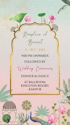 a wedding reception card with flowers and peacocks on the front, in gold frame