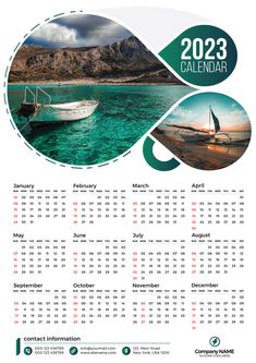 a calendar with two images of boats on the water and mountains in the background,