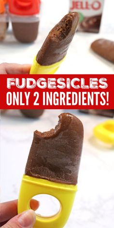 a hand holding an ice cream scooper with chocolate in it and the words fudgesices only 2 ingredients