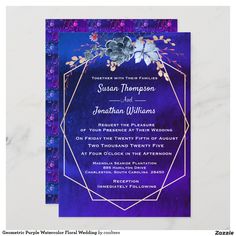 a purple and blue wedding card with flowers on it