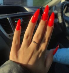 Coral Red Nails Summer, Bright Red Almond Nails, Valentines Nails Almond Shape, Neon Red Nails, Valentines Nails Almond, Hot Red Nails, Valentines Nail Designs, Cute Red Nails, Nails Almond Shape