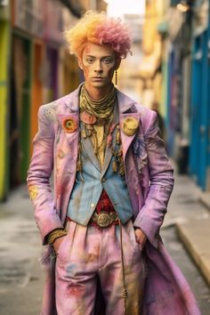 a man with pink hair is dressed in a suit and tie while standing on the street