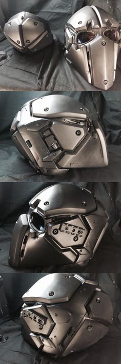 three views of the front and back sides of a motorcycle helmet with metal parts on it