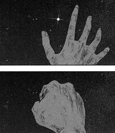 two black and white illustrations of hands reaching for the stars