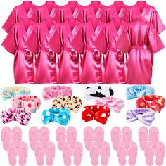 pink satin robes with matching hair clips and bow ties for girls, 12 pieces