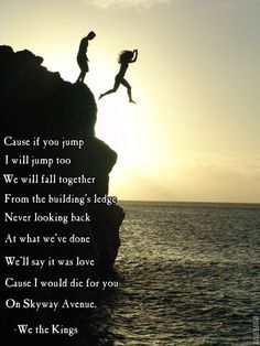 two people jumping off rocks into the ocean at sunset with an inspirational poem written below