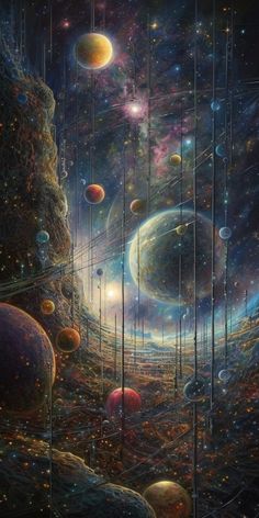 an artist's painting of planets and stars in the sky, with multiple lines running through them