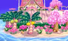 the island is surrounded by pink flowers and palm trees