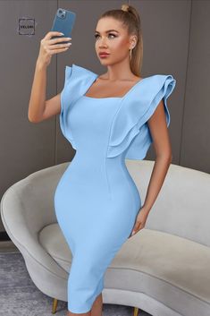 The FIONA Bandage Dress is simple and beauty! The dress is made of elastic bandage and perfectly fits the figure, giving the figure an hourglass effect. Butterfly sleeves add softness to the look. Material: 95%Polyester,5%Spandex Ruffles Butterfly Sleeve Zipper Sky Blue Dress, Classic Wear, Clothing Casual