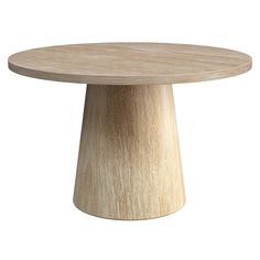 a round wooden table sitting on top of a white floor