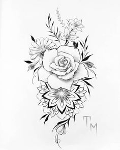 a black and white drawing of a rose with leaves on the bottom half of it