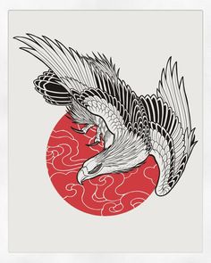 an eagle flying over the ocean with waves in it's wings and red sun behind it