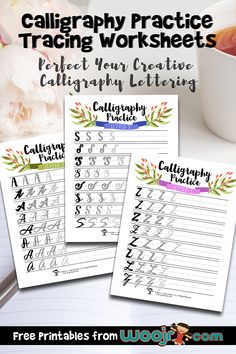 three calligraphy practice worksheets with the text, calligraphy practice