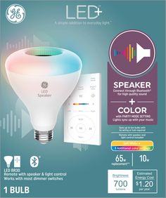 "Introducing the GE LED+ Bluetooth Speaker LED Light Bulb. Elevate your ambiance with multiple color options and immersive sound, all effortlessly controlled via a convenient wireless remote – no app, hub, or Wi-Fi required! With a spectrum of colors at your fingertips, our LED color changing light bulb allows you to tailor your environment to suit any mood or occasion. Whether it’s a cozy night in, a lively party, or a serene moment of relaxation, set the perfect atmosphere with just a tap. Our Color Changing Light Bulb, Party Mode, Led Spot, Energy Use, Flood Light, Led Light Bulbs, Light Control, Flood Lights, Led Light Bulb