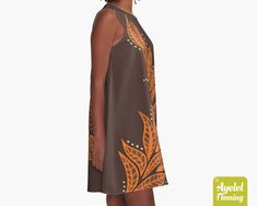 "This Hawaiian/Polynesian tribal floral A-line swing dress is retro looking featuring orange tropical floral design on dark brown background. If you would rather this dress was in another color or combination of colors please get in touch and let me know and I will do my best to accommodate you. The perfect sleeveless dress for daytime or evening wear, loose, swing fit that you can wear with or without leggings. The dress length in general is just a little above the knee. The dress is made out o Bohemian Orange Dress With Tropical Print, Brown A-line Beach Dress, Orange Bohemian A-line Dress, Bohemian Orange A-line Dress, Polynesian Dress, Dark Brown Background, Tiki Dress, Hawaiian Dress, Brown Background