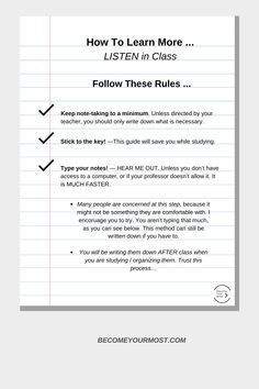 a sheet of lined paper with the text how to learn more listen in class follow these rules