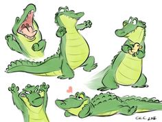 some cartoon alligators with different poses and expressions