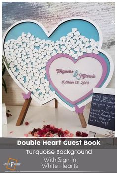 a heart shaped card with the words, double heart guest book and white hearts on it