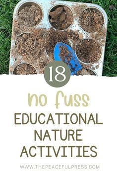 Outdoor education activities that are fun for kids! These nature study ideas are a perfect for preschool & elementary moms looking for simple at home learning activities. List of 18 easy activities to educate your child in nature all year round. The list includes ideas for drawings, planting flowers for a butterfly garden, & going on a bug hunt! If you enjoy these activities explore our printable homeschool Nature Guides. Find your perfect month of nature studies at ThePeacefulPreschool.com Backyard Nature Activities For Kids, Nature Class Activities, Outdoor Education Ideas, Bush Kinder Activities, Easy Nature Activities For Kids, Nature Montessori Activities, Pre K Nature Activities, Fall Nature School Activities, Ecology Preschool Activities