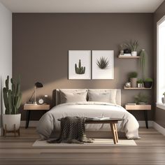 a bedroom with brown walls and white bedding, potted plants on the wall