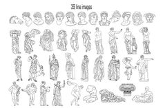 an image of ancient statues and their names in black and white on a white background