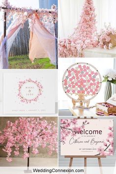 pink cherry blossom wedding theme with welcome sign and flowers on the tree for guests to sit in