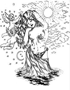 a black and white drawing of a naked woman in the water with angels around her