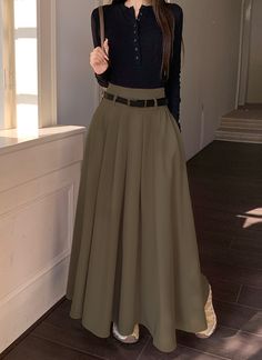 Romildi Maxi Length Belt Skirt, Elegant Solid Color A-line Skirt, Women's Clothing