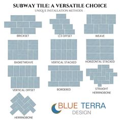 blue terra design subway tiles with the words subway tile versatile choice and instructions to install them