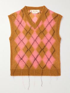 Adding colour and character to your wardrobe is easy with Marni's eclectic collections. Knitted in a classic argyle pattern, this sweater vest has been crafted in Italy from a signature mohair-blend and purposely left with hanging threads for a pre-loved look. Marni Mohair, Argyle Vest, Vest For Men, Sweater Vest Mens, Argyle Sweater Vest, Sleeveless Jumper, Mohair Knit, Care Care, Argyle Pattern