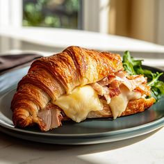 a croissant with meat and cheese on a plate