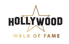 the hollywood walk of fame logo is shown in black and gold on a white background