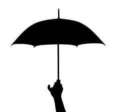 a person holding an umbrella in the air with their hand on top of it, silhouetted against a white background