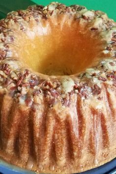 a bundt cake sitting on top of a blue plate