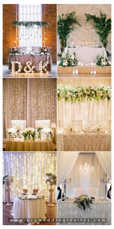 wedding decorations and table linens are arranged in four different pictures, including the bride's cake