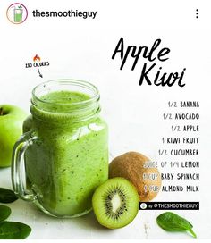 an apple kiwi smoothie in a mason jar