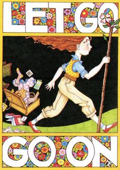 an illustration of a boy running with flowers on his head and the words let go on